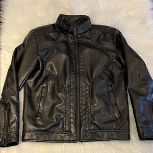 black faux leather motorcycle jacket features a mandarin collar (XS)